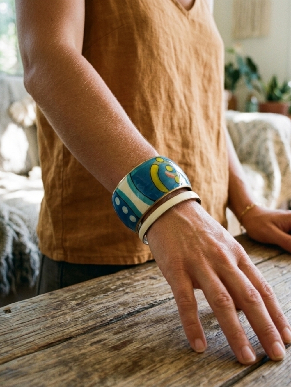 AZULU Enamel Bangle Set - Blue Abstract Wide Cuff & Cream Thin Bracelet
